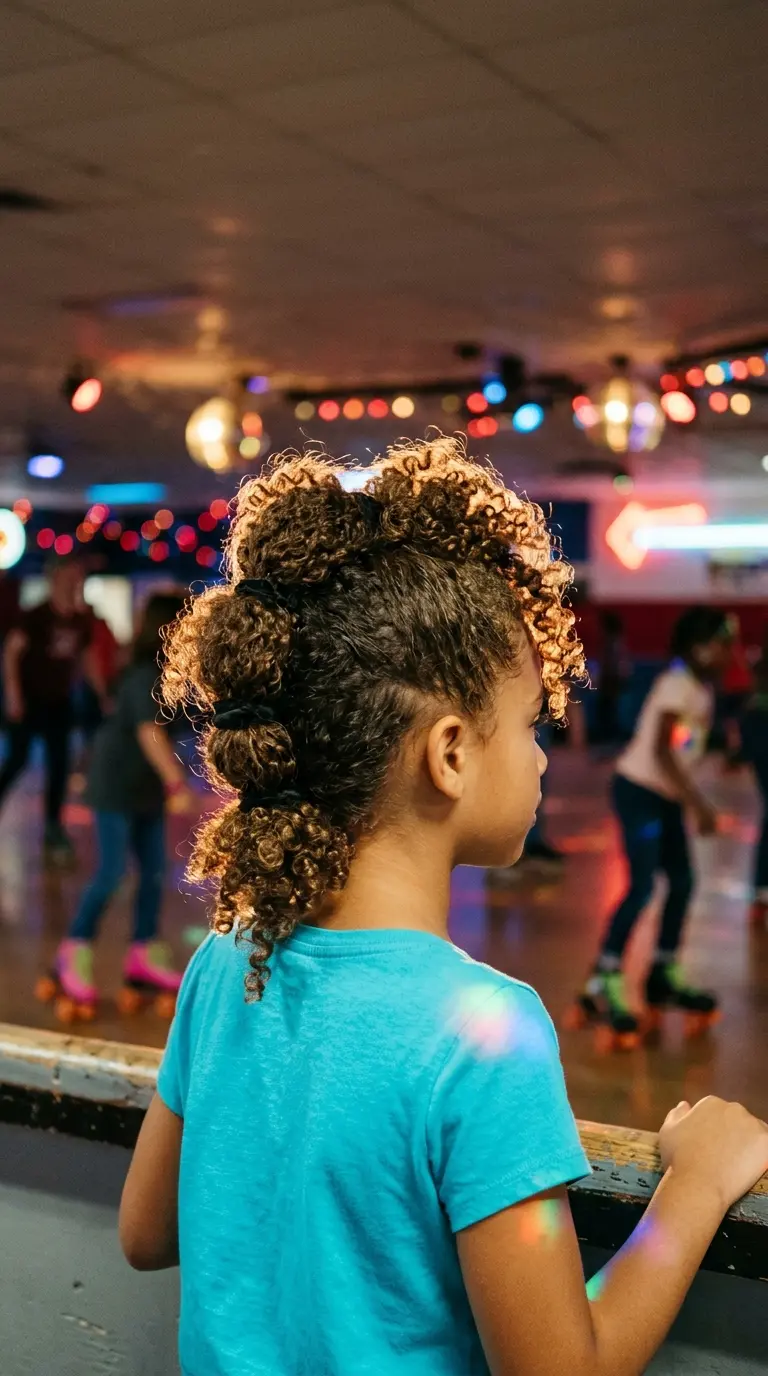 Three quarter back view of a mixed girl with a pinned curly faux hawk running down the center of her head