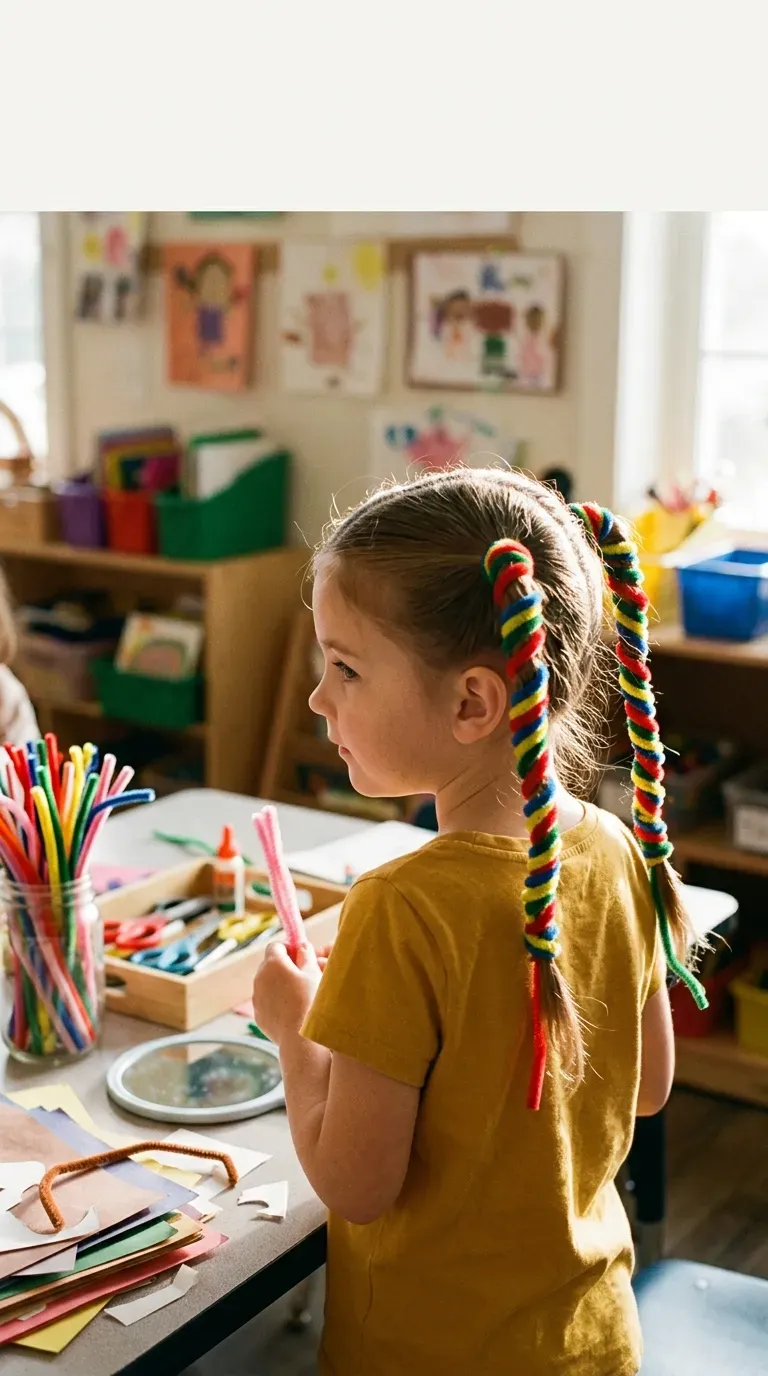 Over the shoulder view of pigtails wrapped in colorful pipe cleaner spirals