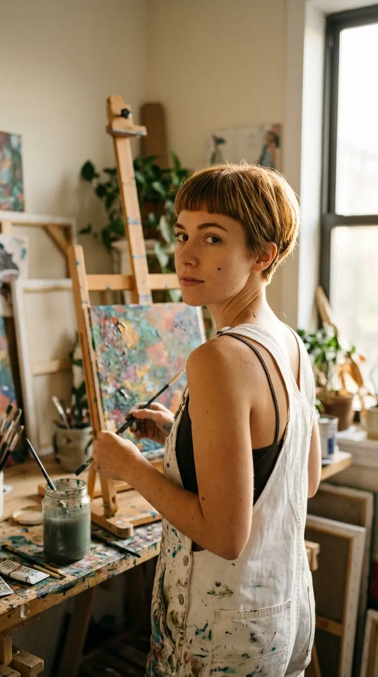 Three quarter view of a honey brown pixie with blunt micro bangs