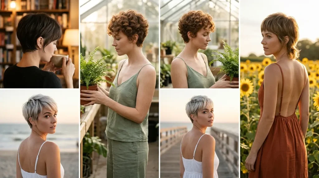 Four photo collage of pixie cuts showing fringe, sides, and nape from angled views