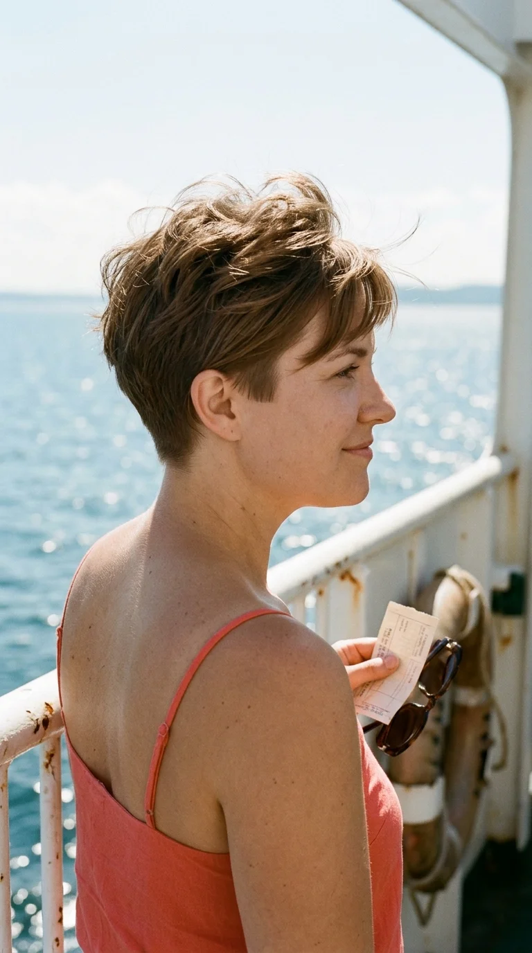 Three quarter back view of a light brown pixie with crown height on a ferry