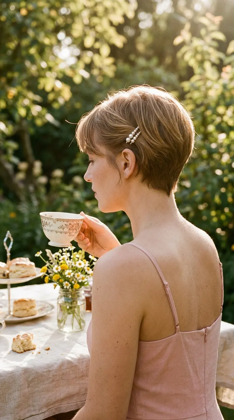 Three quarter view of a golden brown pixie with stacked pearl pins at a brunch