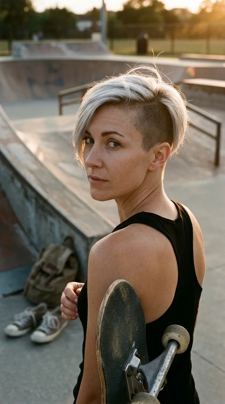 Over the shoulder view of a silver blonde pixie with a shaved side undercut
