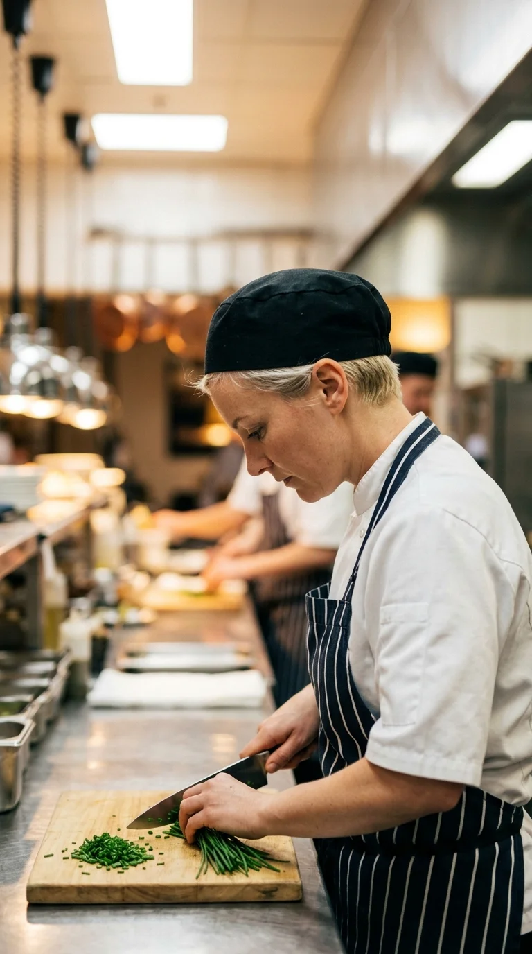 Side profile of a chef with a short pixie cut under a black skull cap