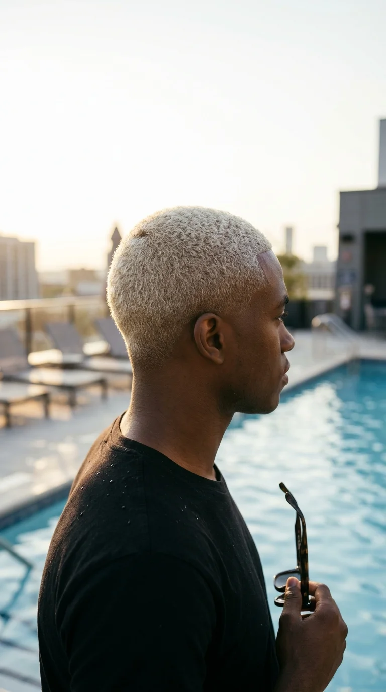 Three quarter front view of a Black man with a bleached platinum blonde buzz cut