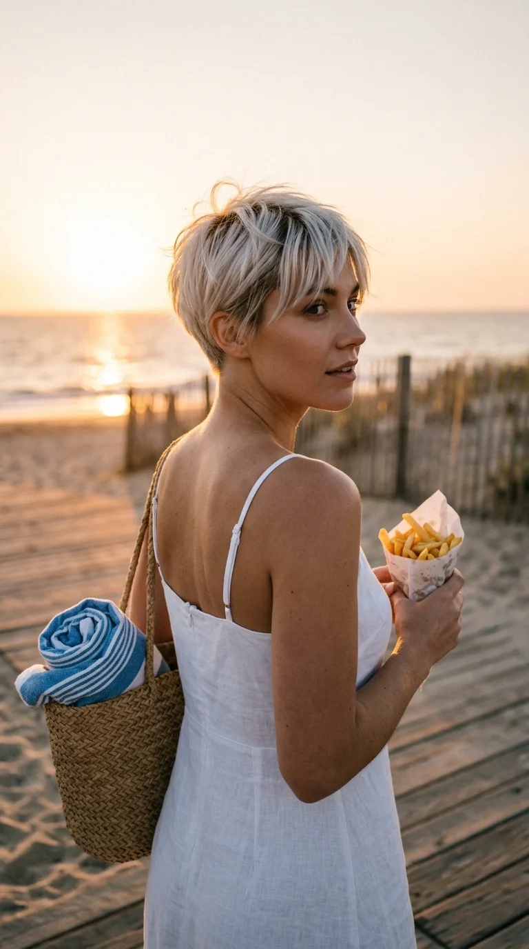 Three quarter view of a platinum pixie cut with soft dark roots on a boardwalk