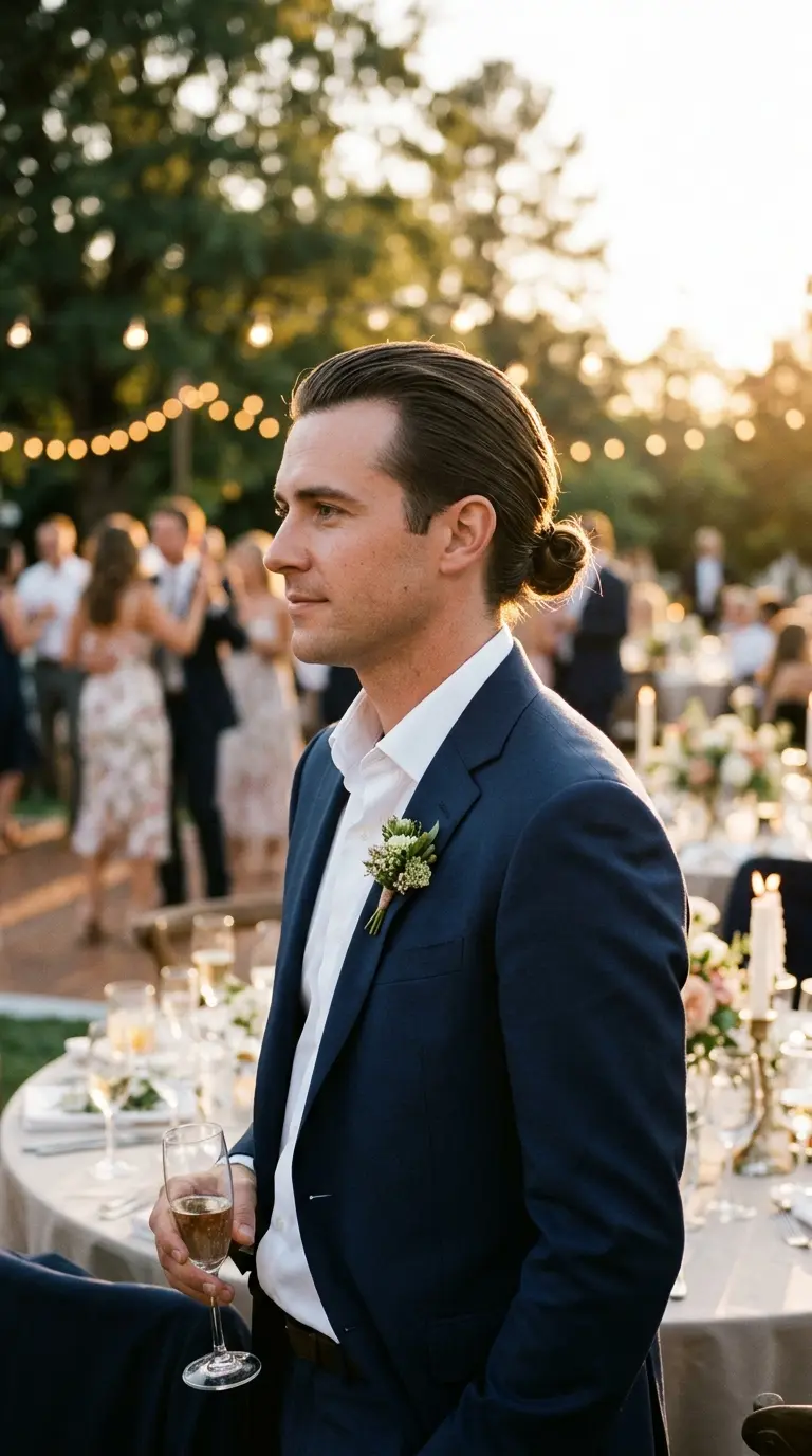 Three quarter front view of a polished low bun at a wedding reception