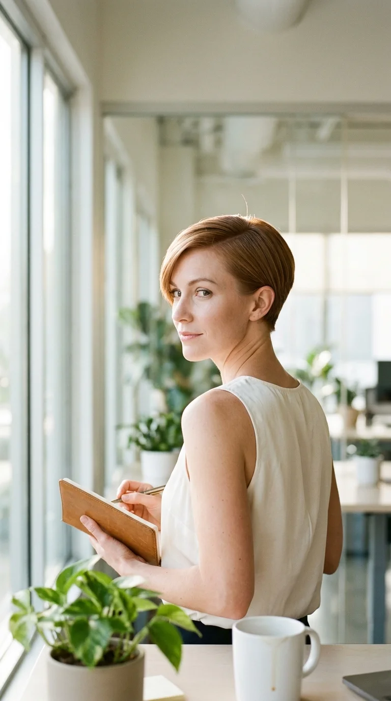 Over the shoulder view of a light auburn polished side parted pixie in an office