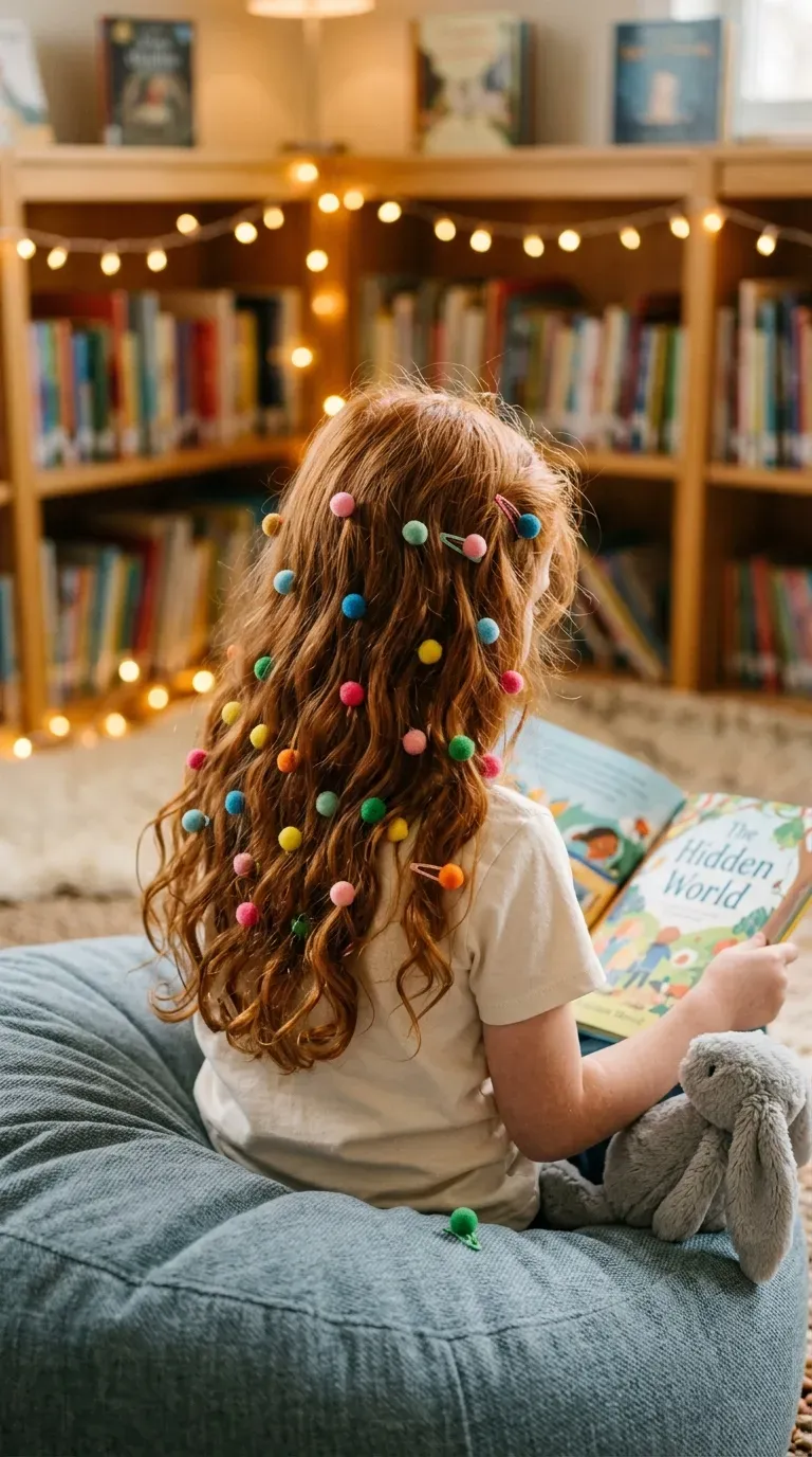 Long wavy red hair covered in tiny colorful pom poms like polka dots