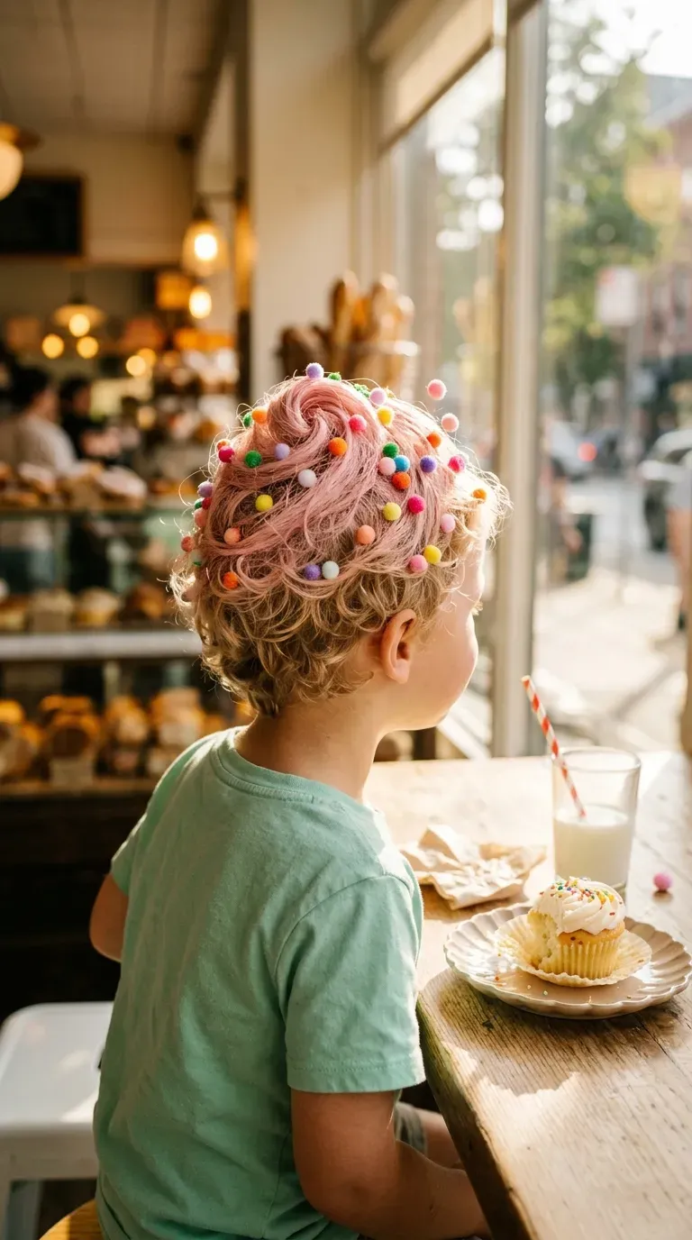 Short hair swirled into a pink peak dotted with tiny colorful pom poms