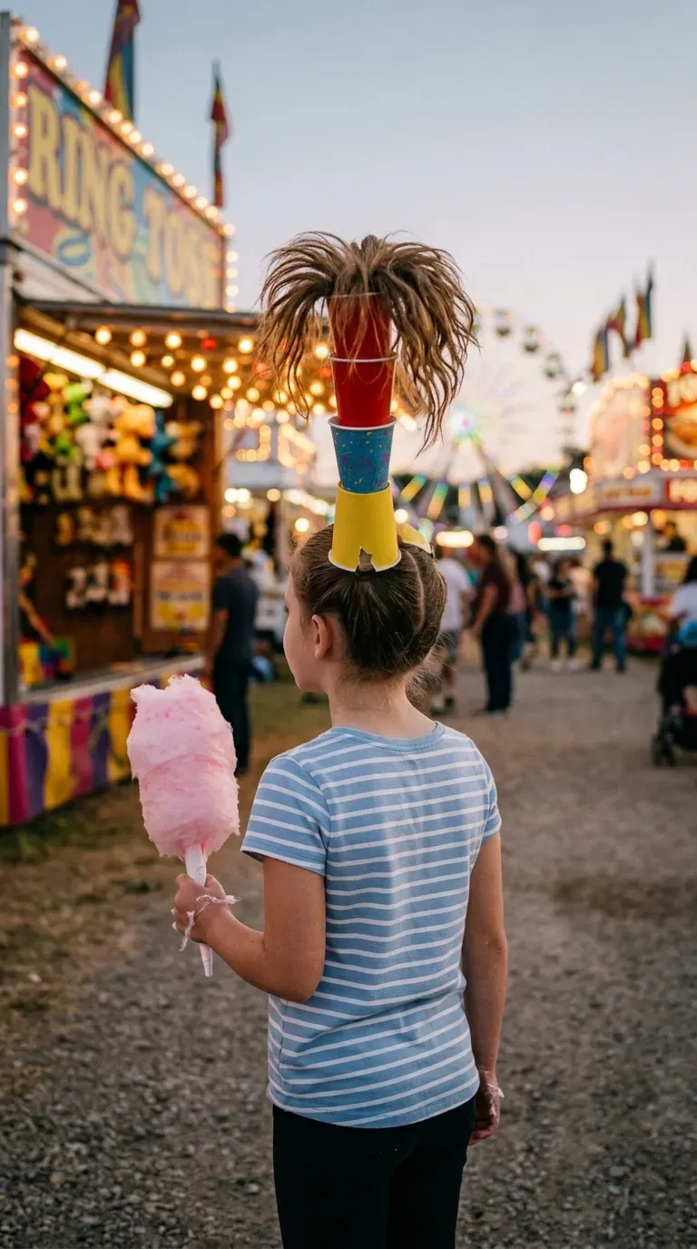 Two pigtails pulled through stacked colorful paper cups at a school carnival
