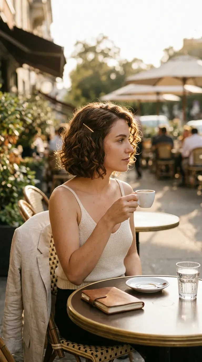 Professional curly bob with clean neckline, three quarter view at patio table