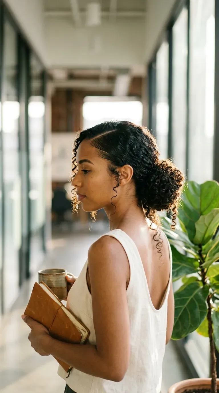 Professional curly low bun with smooth part, three quarter view in office hallway