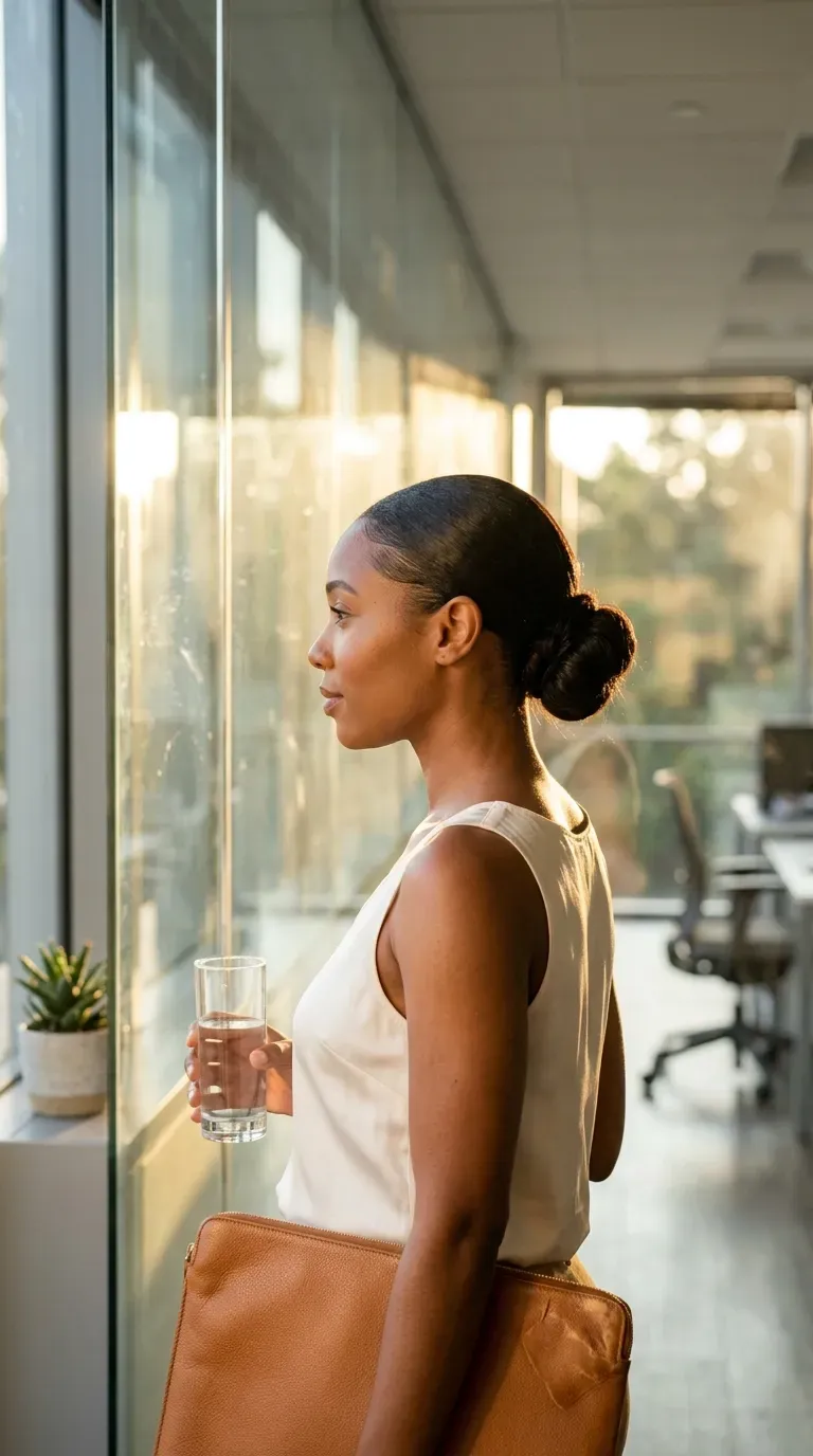 Side profile of a professional low bun with a clean center part at the office