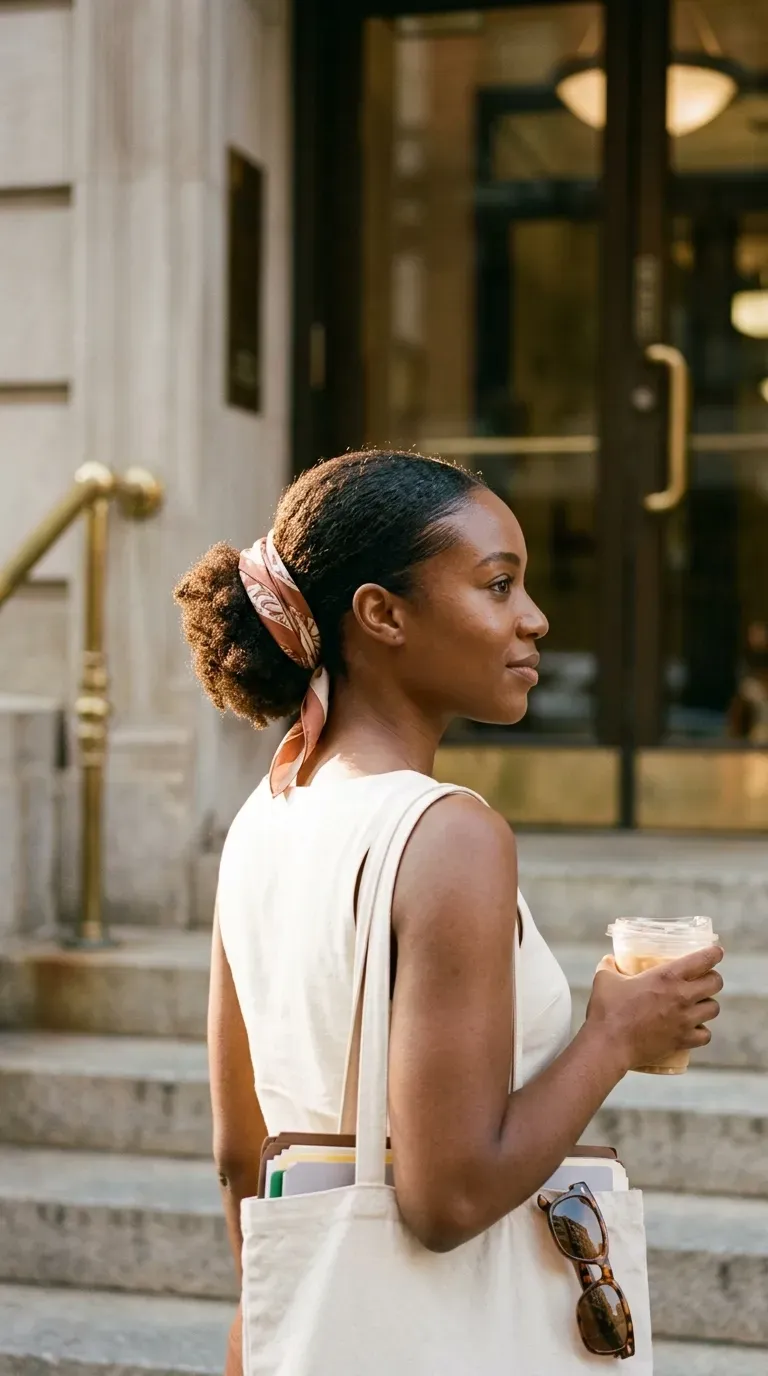 Three quarter view of a silk scarf tied around a low puff outside an office