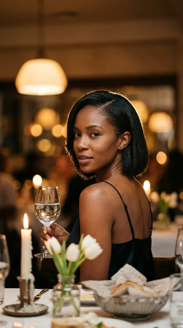 Over the shoulder view of a professional blunt bob with a deep side part