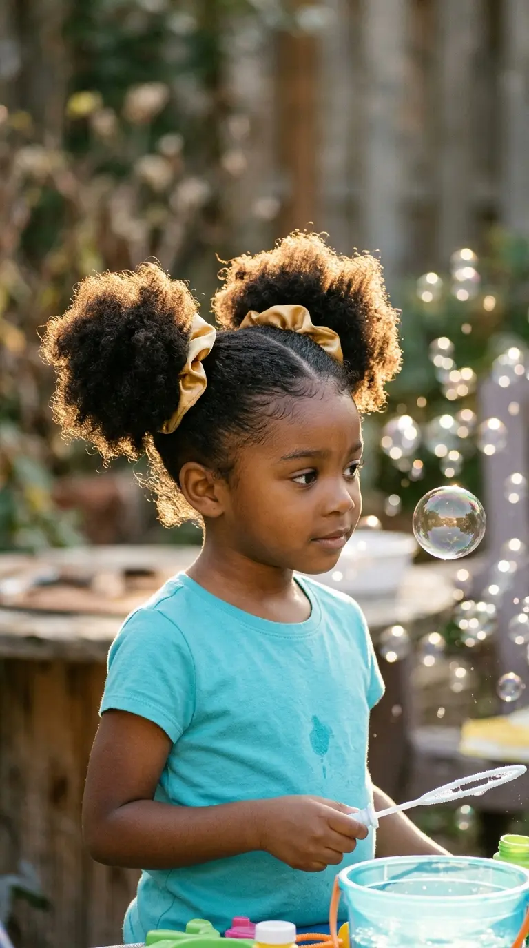 Side view of a Black girl with two soft afro puff pigtails held with satin scrunchies