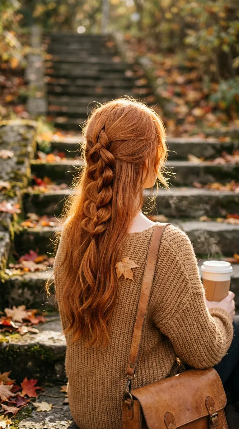 Back view of copper hair with a pull through braid in a half up style