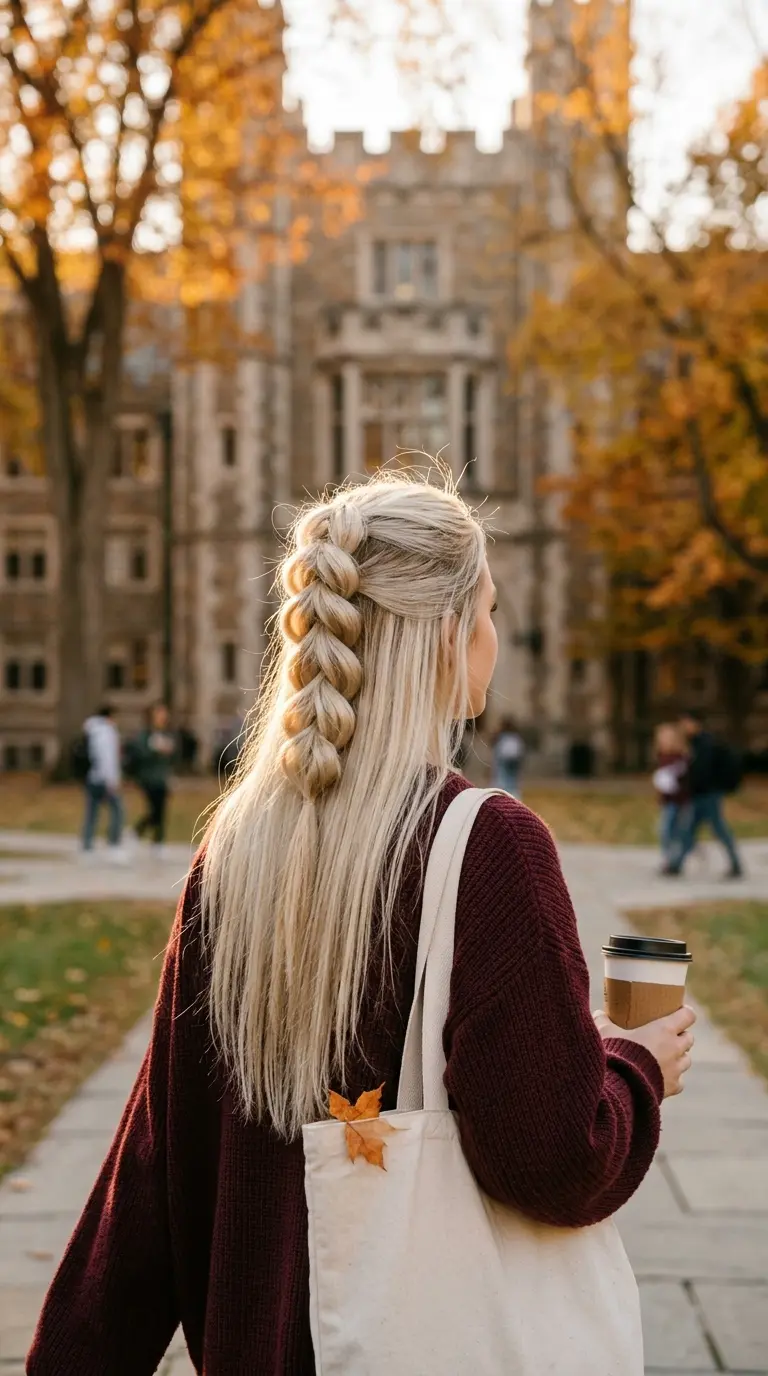 Three quarter back view of a puffed pull through braid running down from the crown over long straight hair