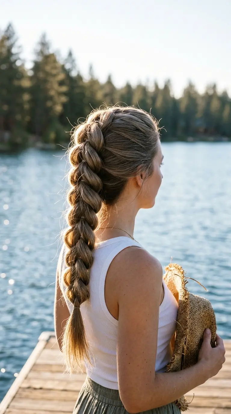 Back view of a full pull through braid made of stacked ponytail loops on long ash brown hair