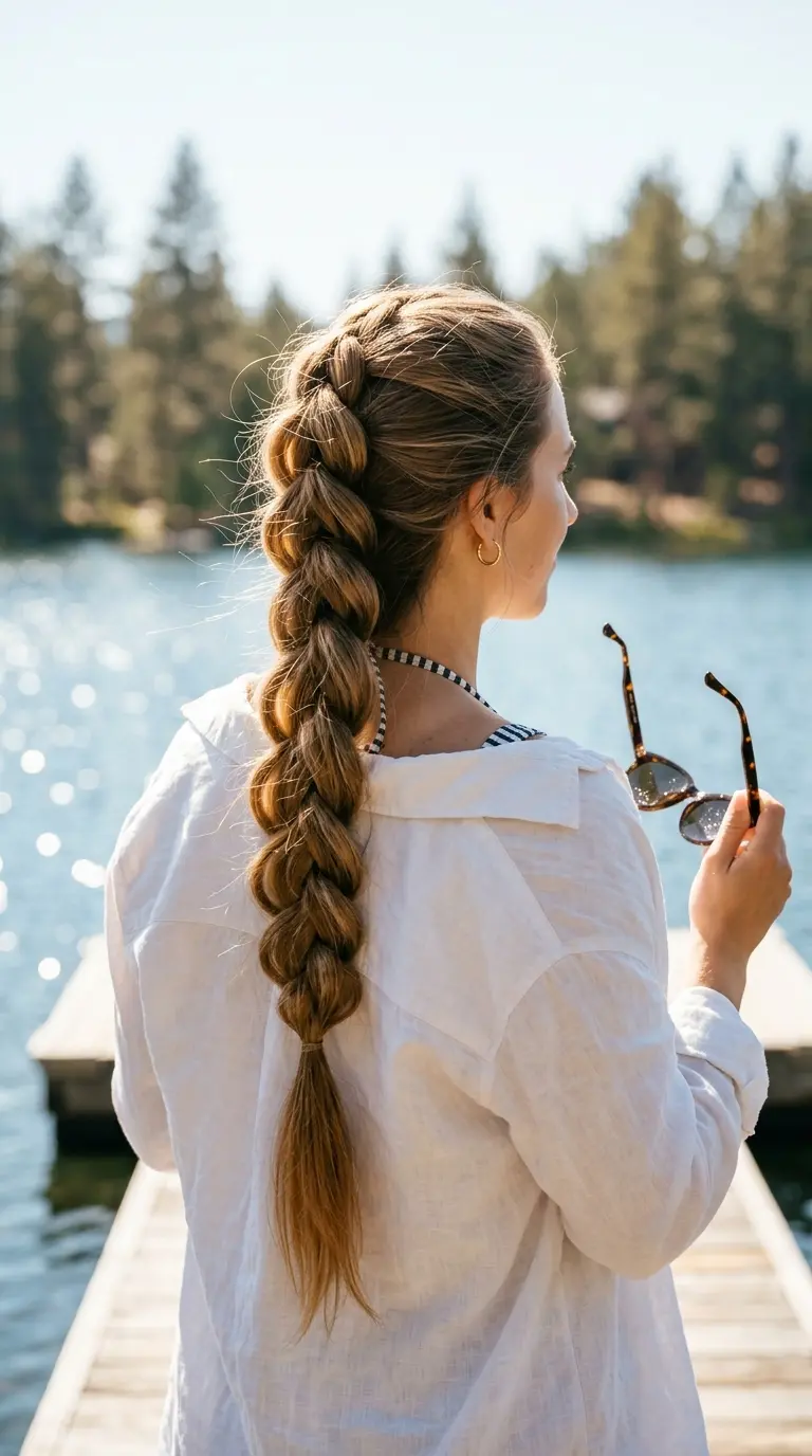 Back view of a pull through braid with large puffed loops down long thin dark blonde hair