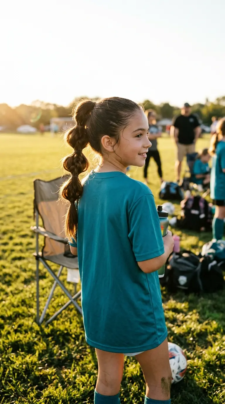 Over the shoulder view of a girl’s pull through braid ponytail beside a soccer field