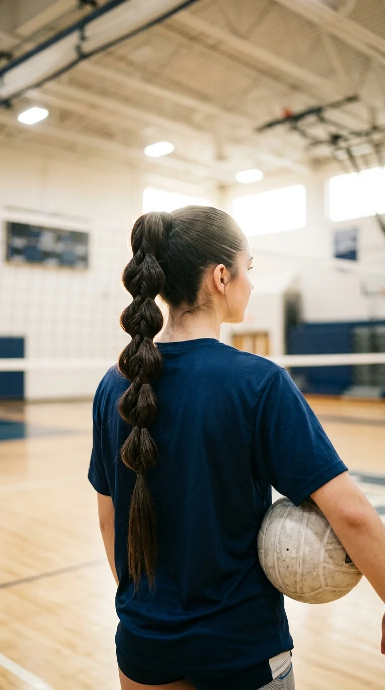 Back view of a puffy pull through braid running down a long ponytail of dark hair