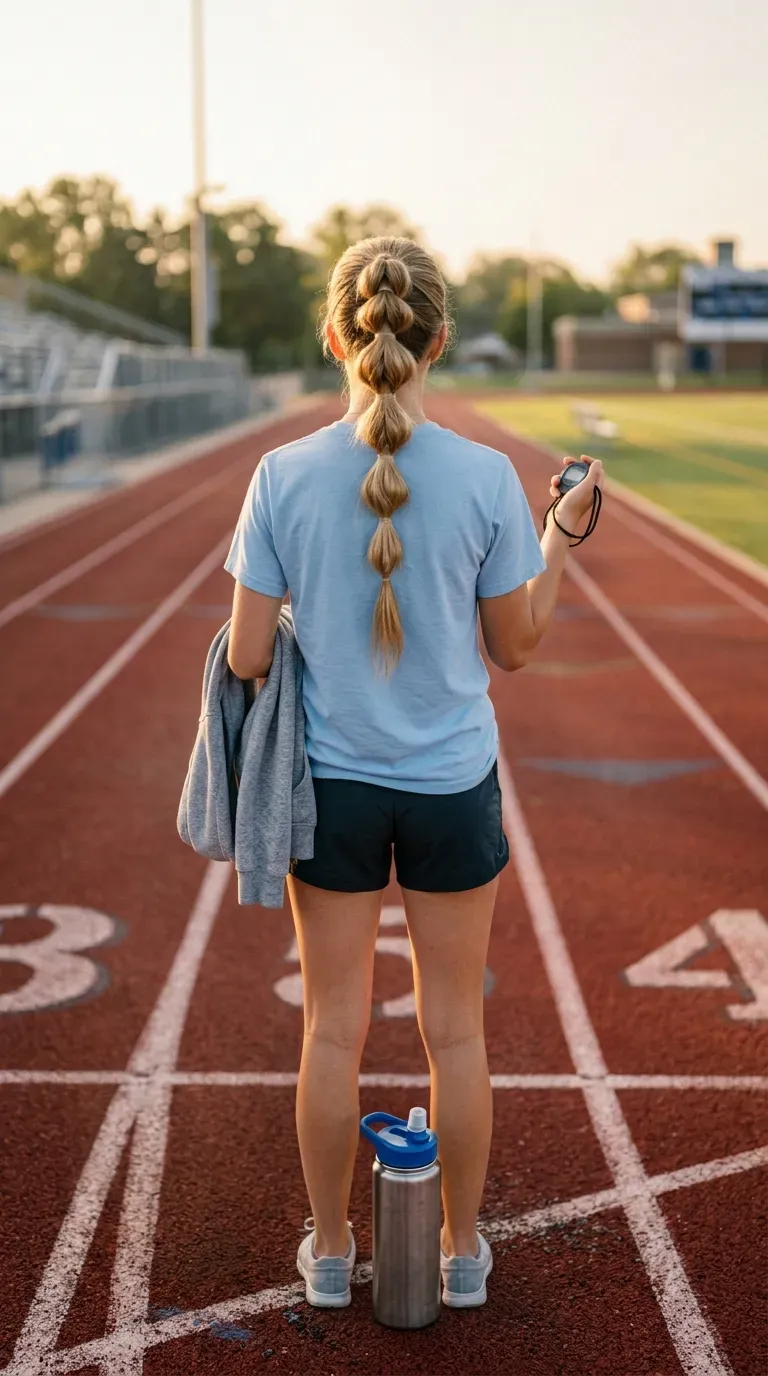 Pull through braid ponytail with puffy sections on a school running track