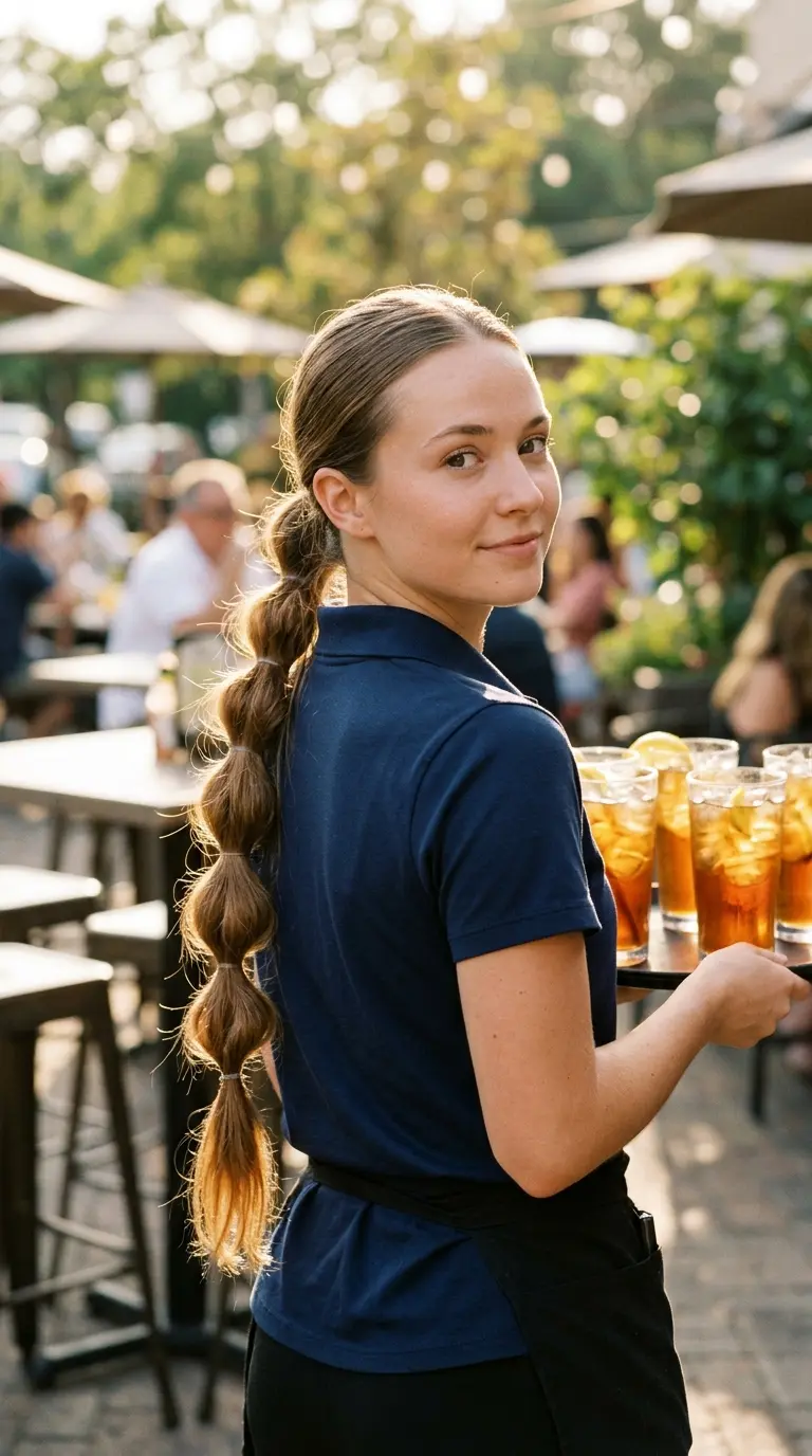 Over the shoulder view of a server with a chunky pull through braid