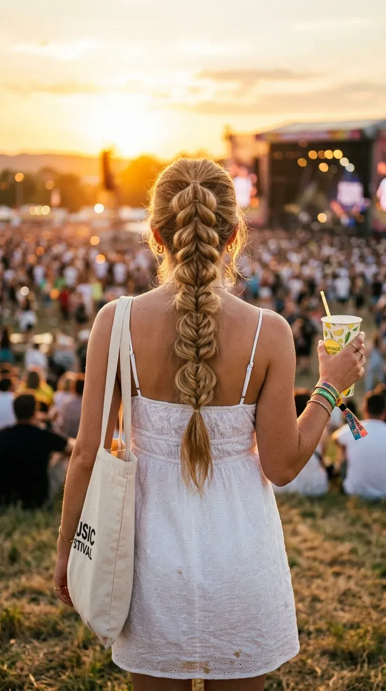 Back view of a honey blonde pull through braid at an outdoor summer concert