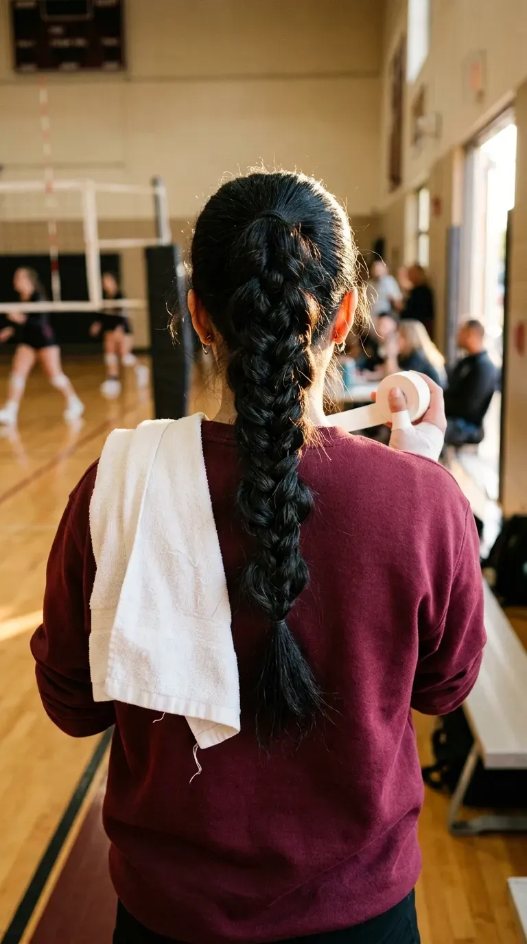 Thick black hair in a pull through braid beside a volleyball net