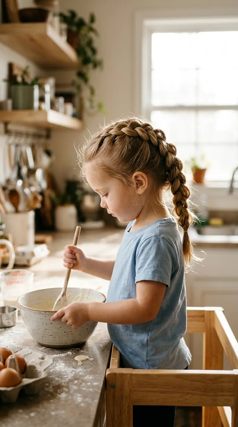 Three quarter front view of a toddler with a pull through braid stirring batter