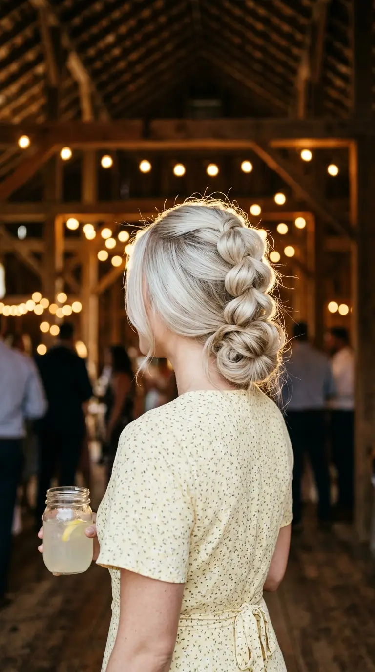 Back view of a pull through braid running down the head into a pinned low bun
