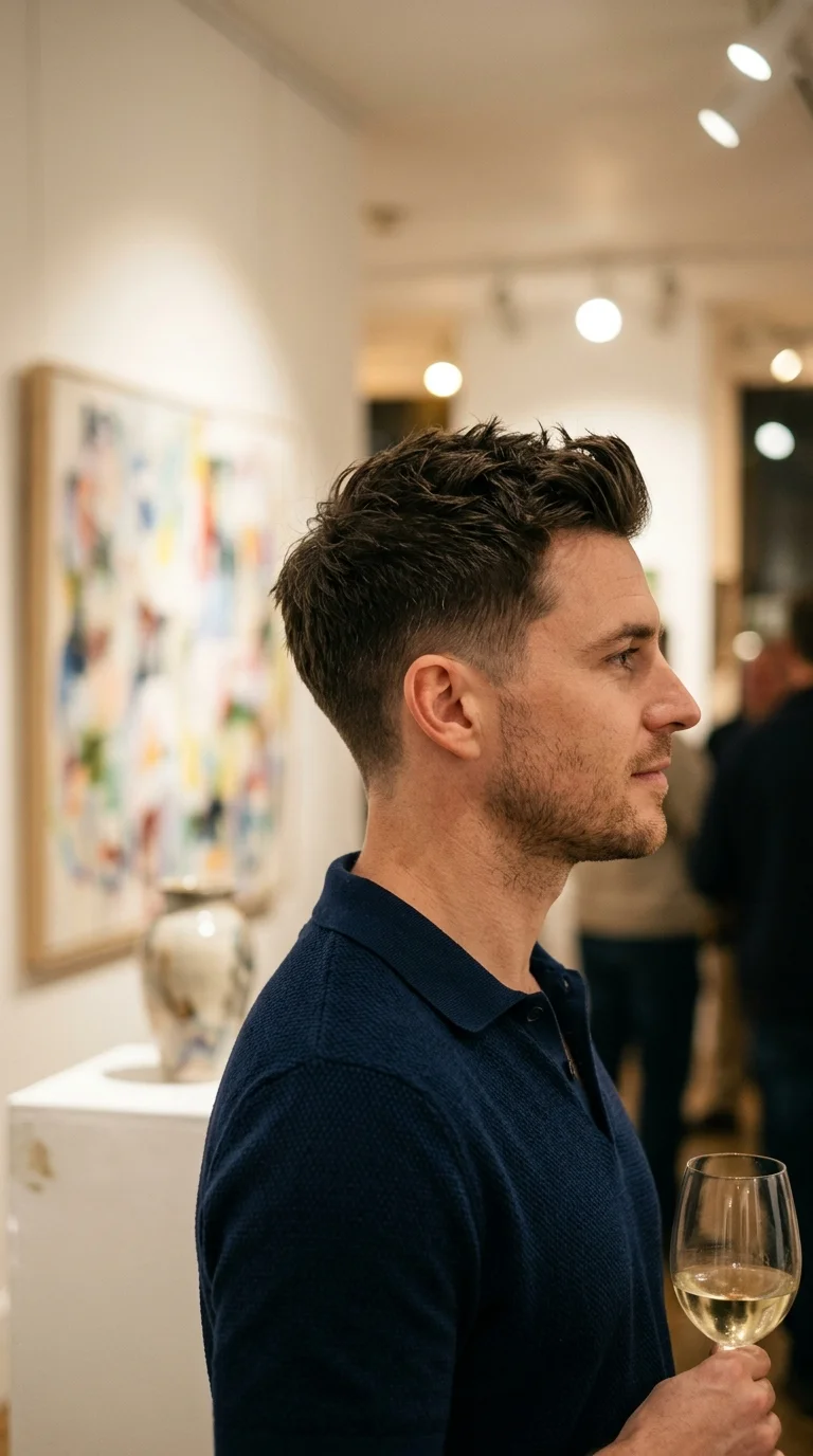 Side profile of a dark brown crop with the front pushed up and textured