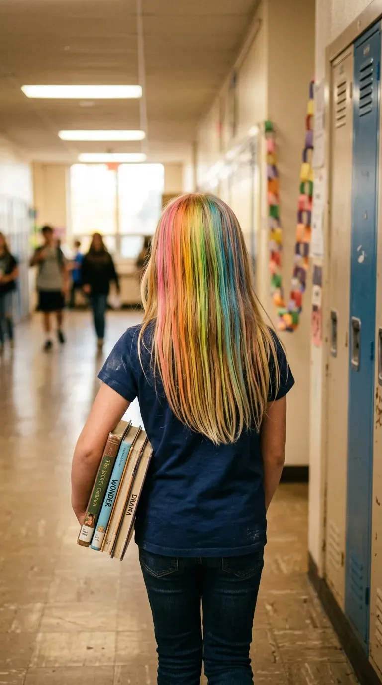 Long blonde hair with bright rainbow chalk stripes in a school hallway