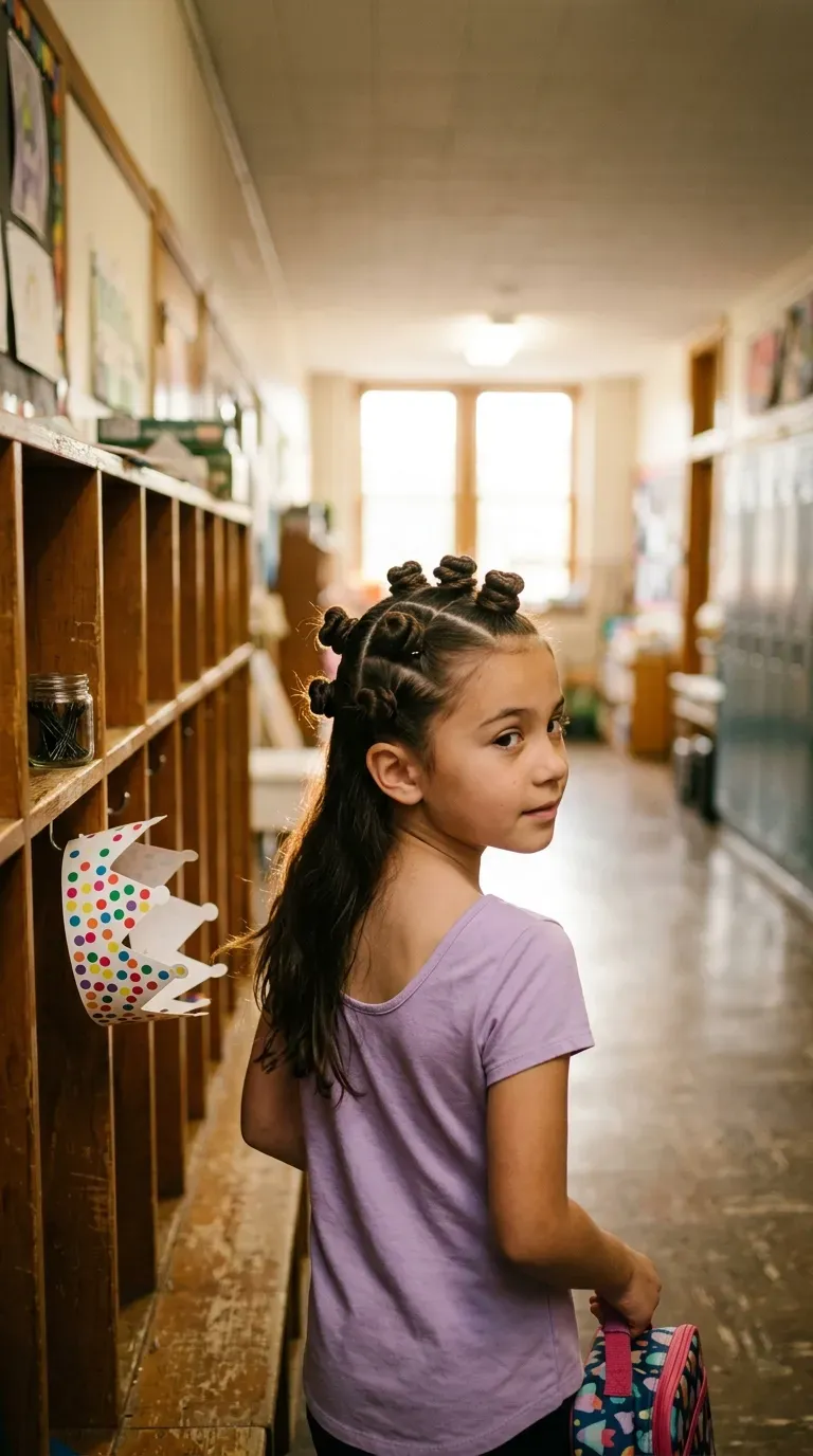 Side view of two pigtails wrapped in rainbow ribbon stripes on a playground