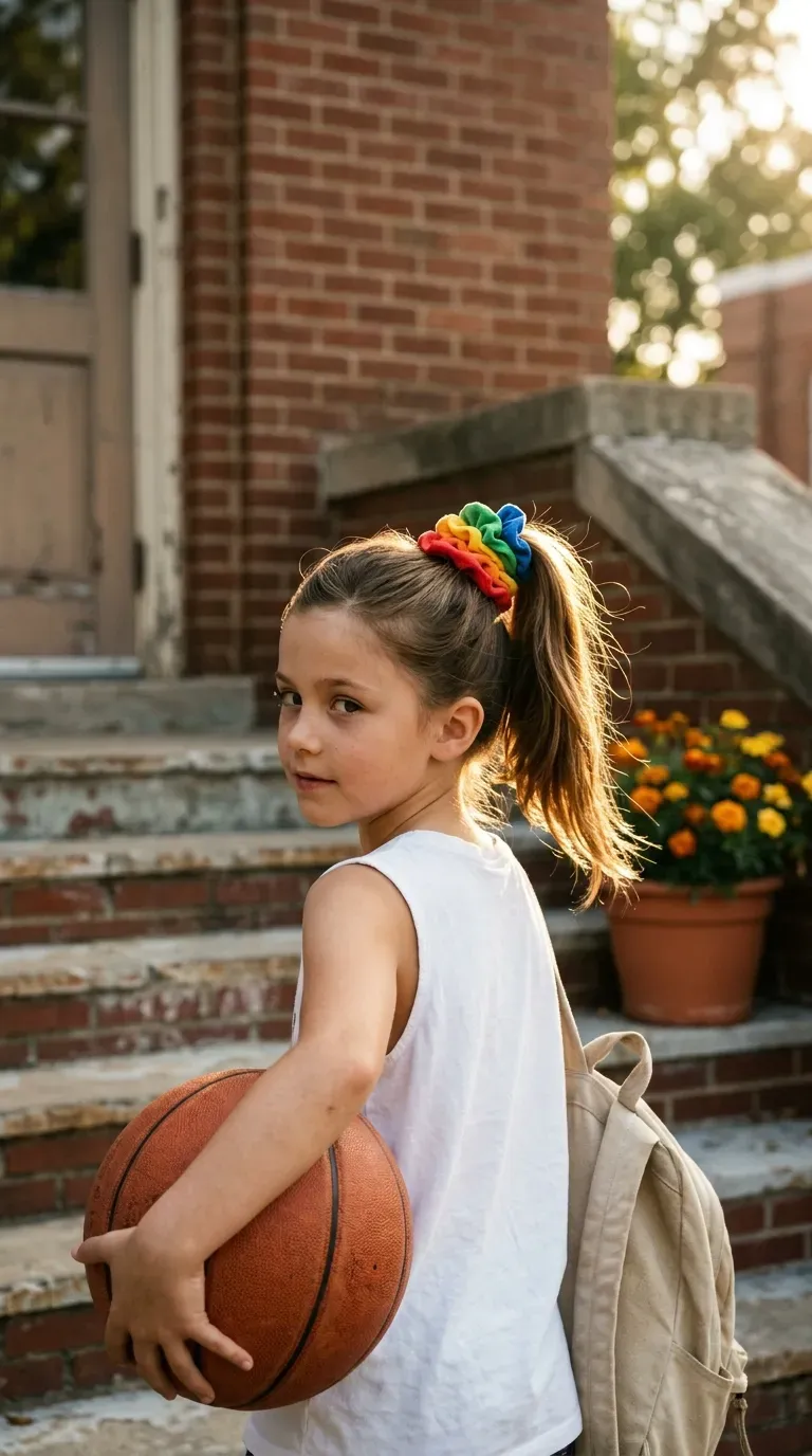Over the shoulder view of a high ponytail with stacked rainbow scrunchies