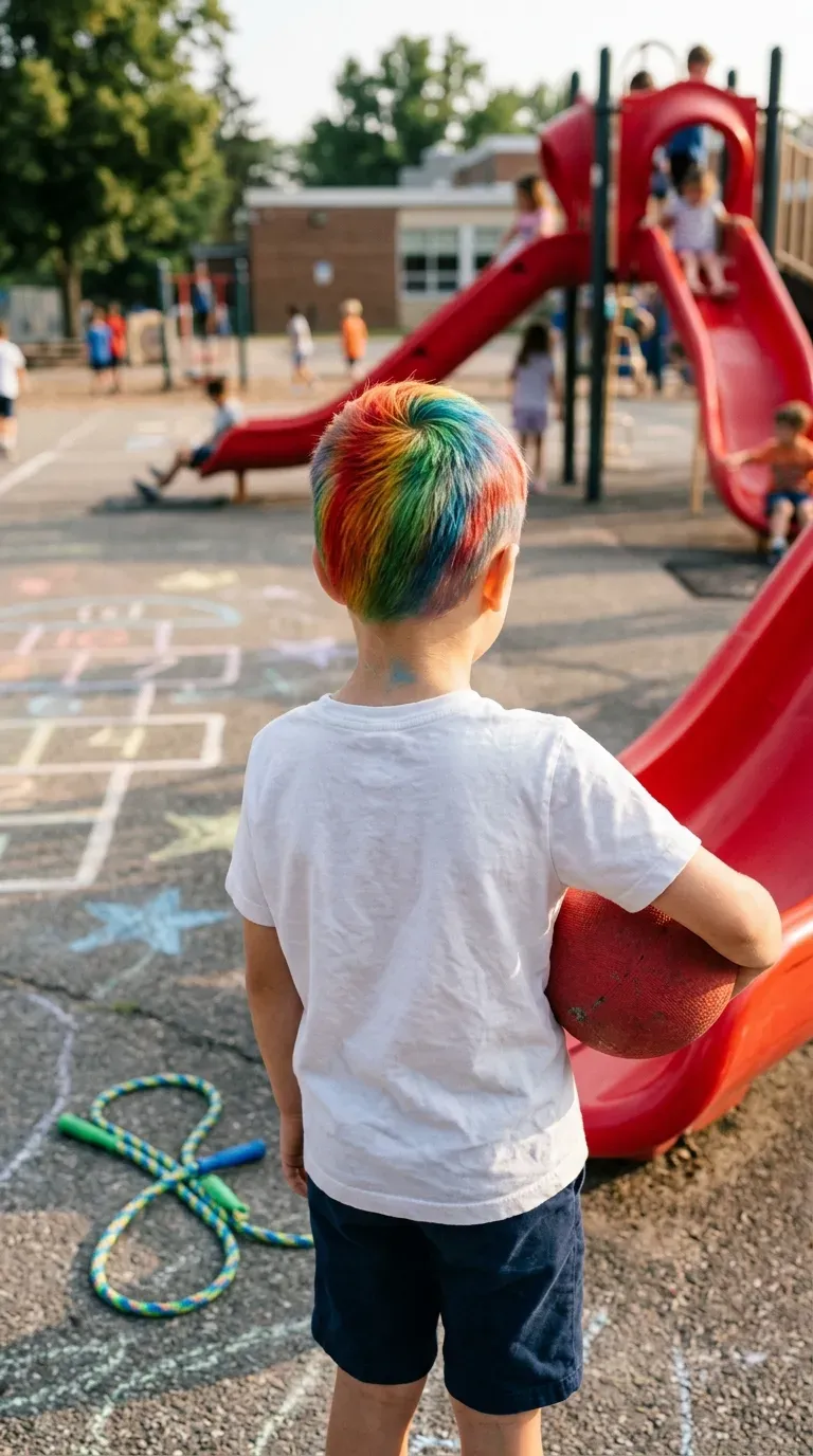 Short hair sprayed in bright rainbow stripes seen from behind outdoors