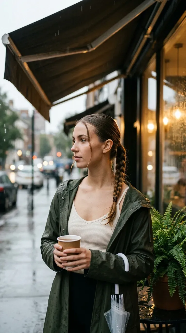Rainy day hairstyles tight low braid with wrapped elastic in three quarter view