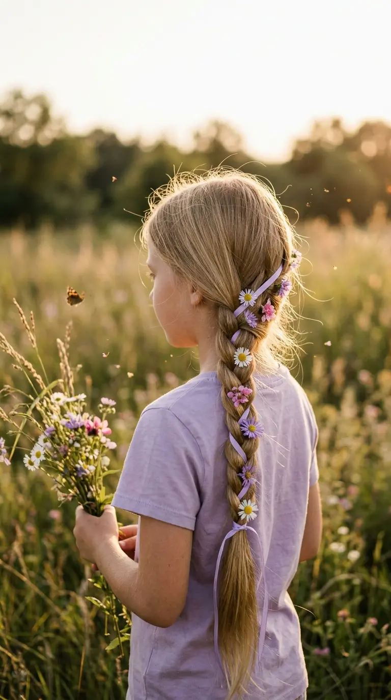 Three quarter back view of a girl with a long golden braid dotted with small flowers in a meadow