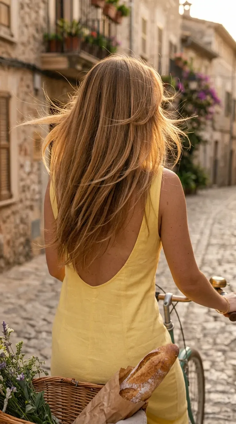 Caramel blonde long hair with razor cut feathery layered ends on cobblestone street
