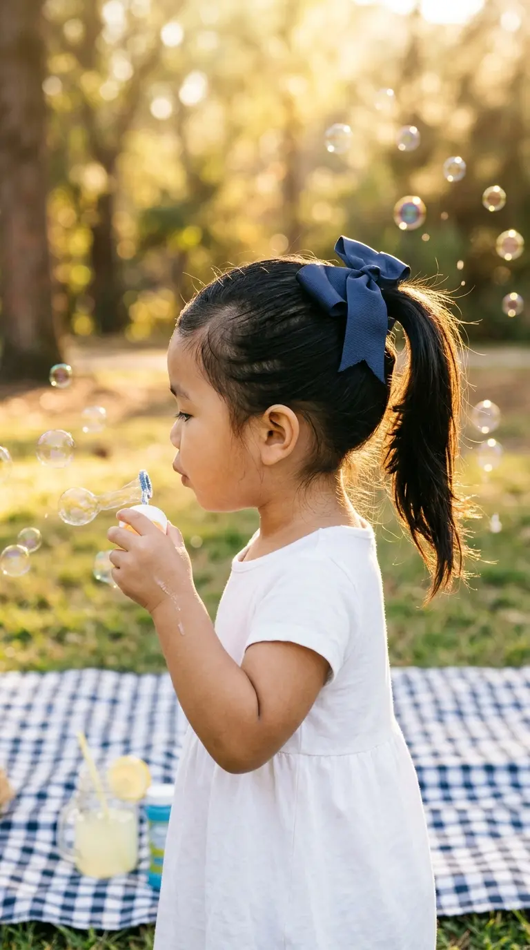 Side profile of a toddler with a ribbon bow ponytail blowing bubbles outside