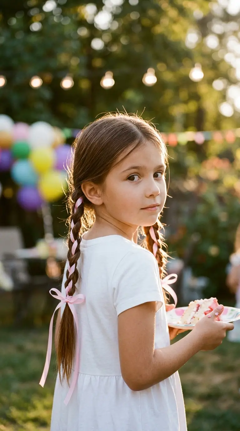 Three quarter back view of a girl with two braided pigtails woven with pink satin ribbon