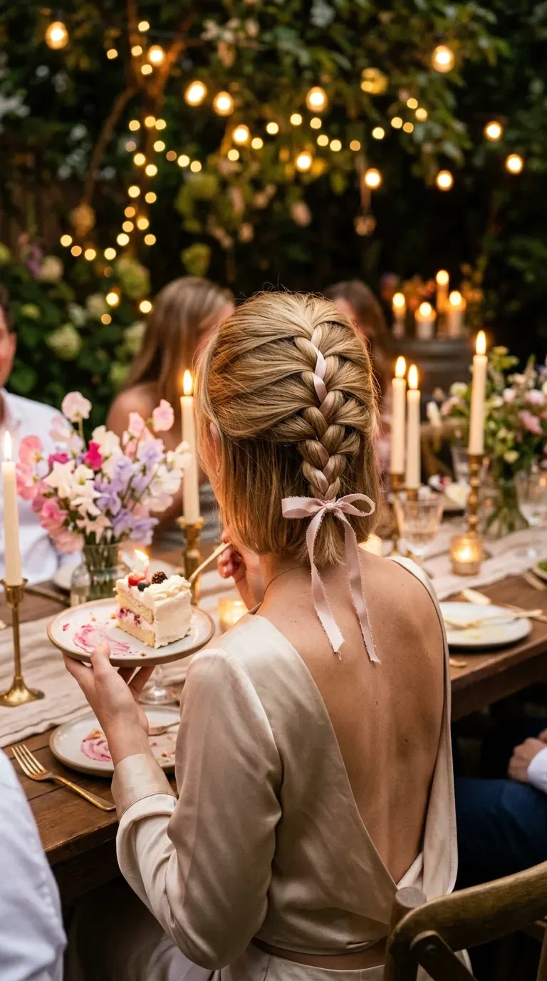 Short blonde hair in a Dutch braid woven with thin satin ribbon and bow
