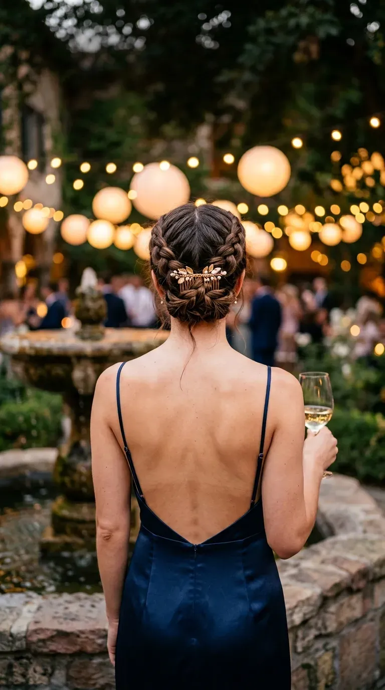 Back view of a ribbon woven crown braid on a picnic blanket