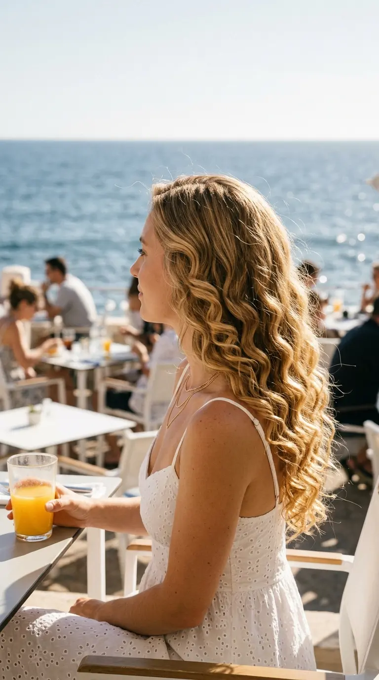Three quarter back view of bouncy heatless curls made with a robe belt on long honey blonde hair
