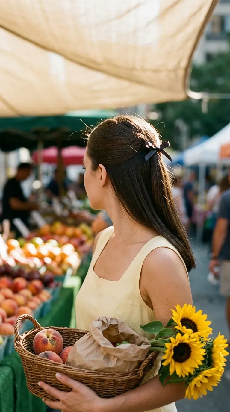 Back three quarter view of a rolled low bun held by a hair stick
