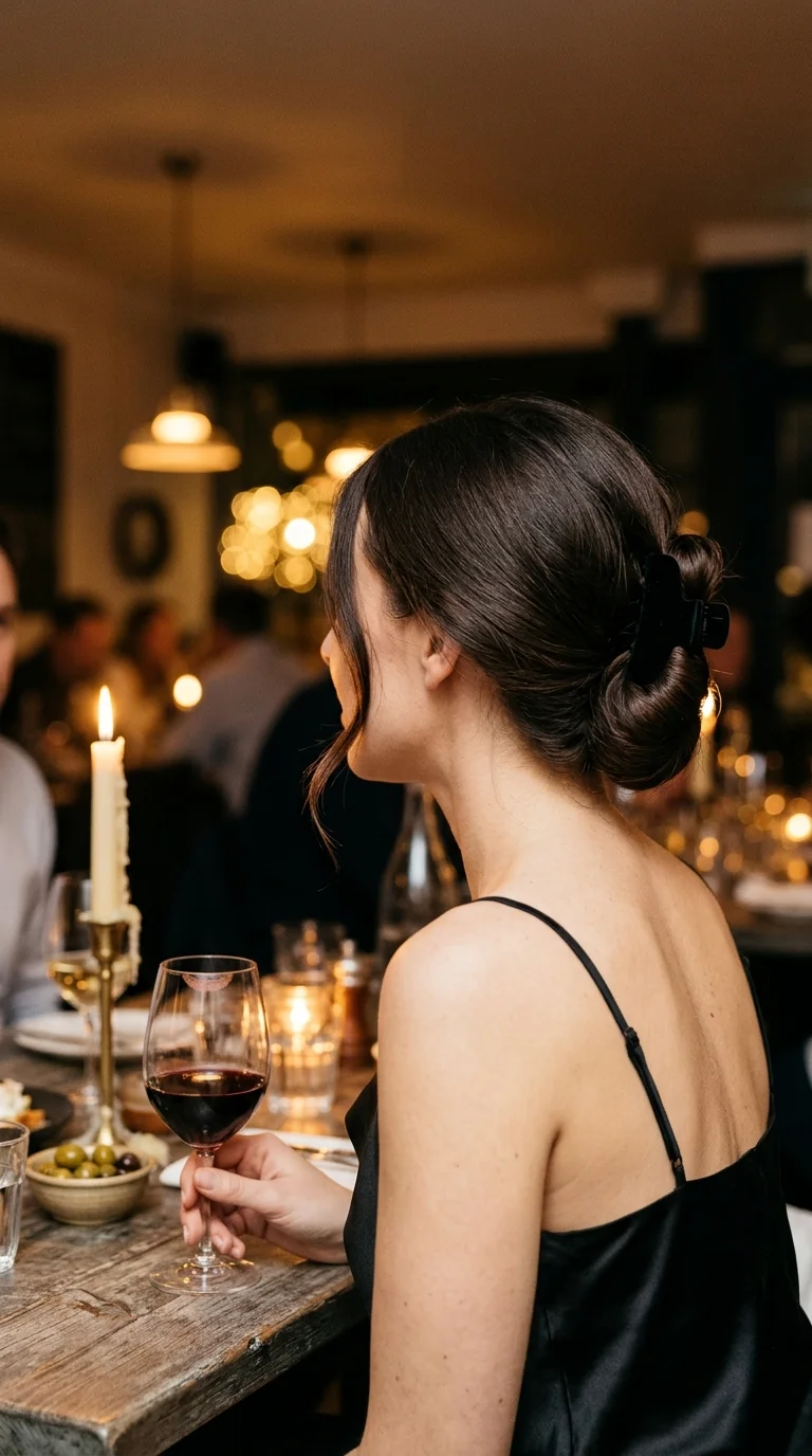 Three quarter back view of a rolled chignon with a small claw clip at dinner
