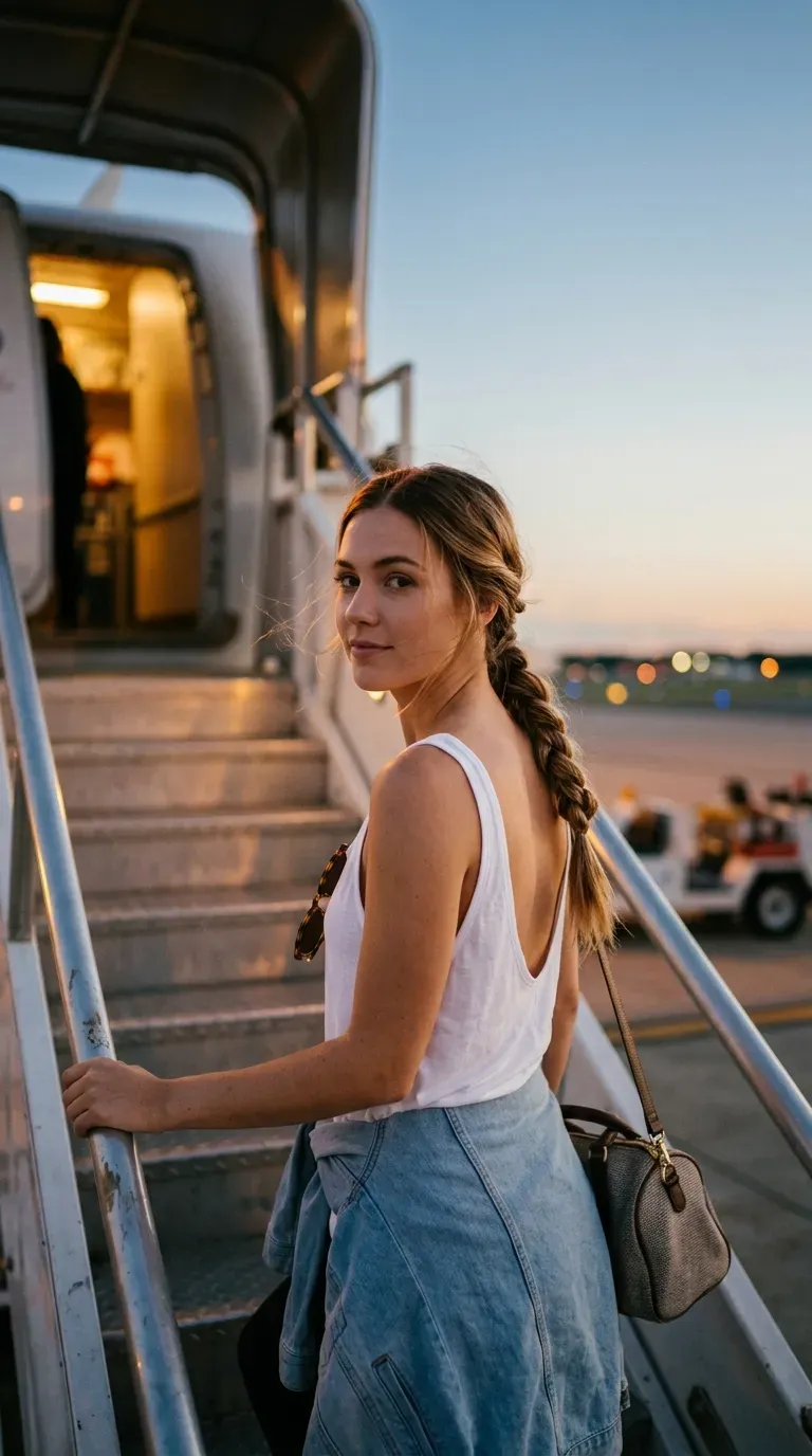 Over the shoulder look back at a rope braid ponytail on boarding stairs