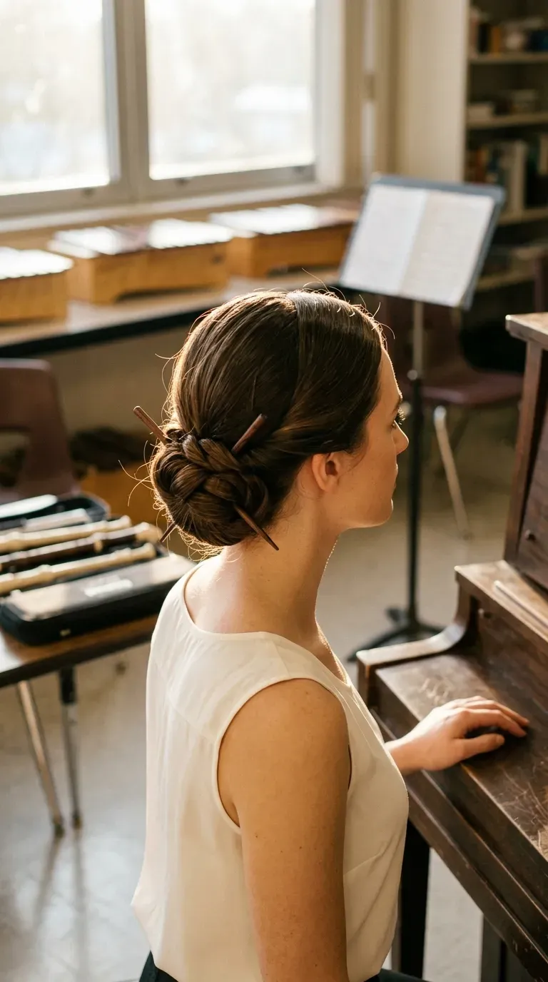 Three quarter view of a rope braid ponytail on school steps in the morning